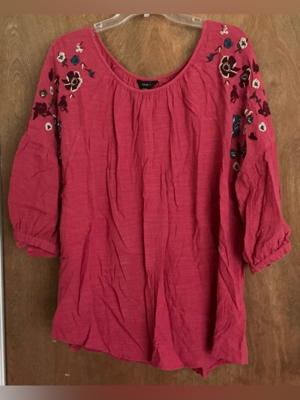 Intro Peasant Blouse Women 3X Colorful Embroidery Floral Pink Crochet Detail